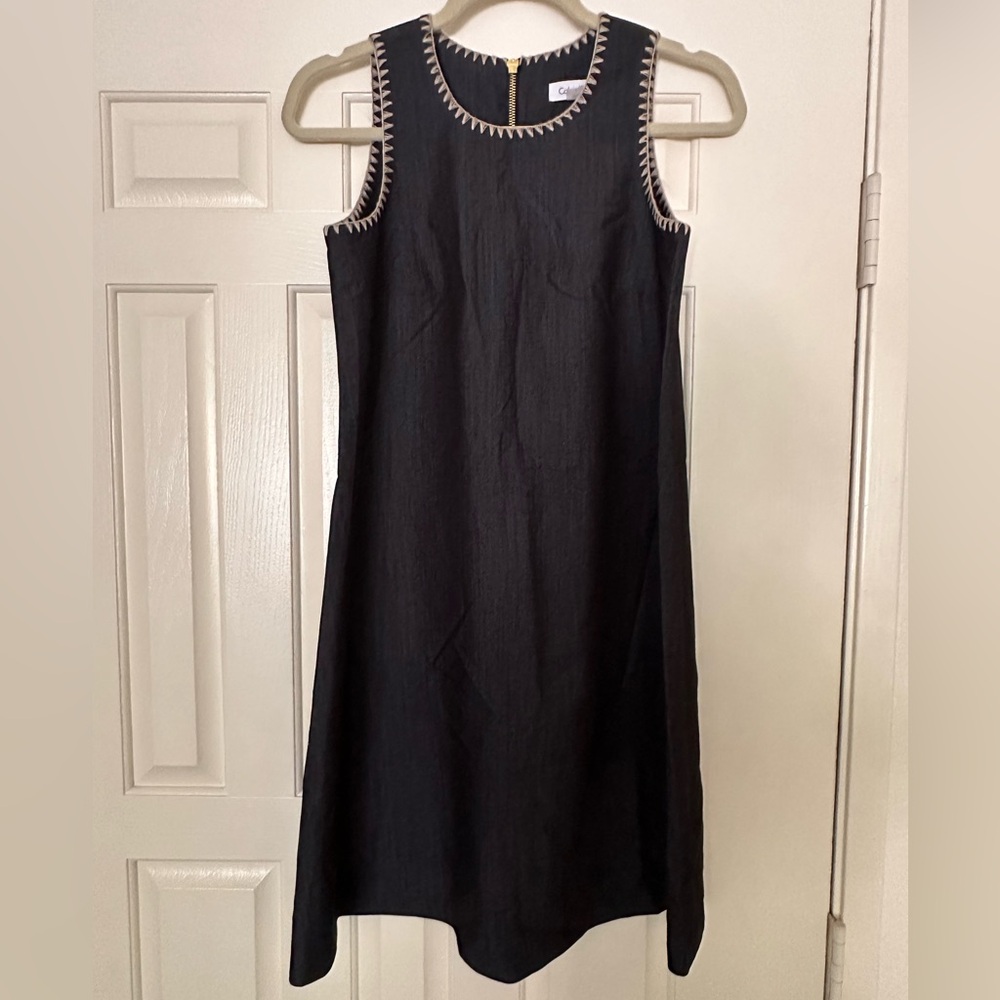 Calvin Klein Denim Shift Dress with Crochet Trim – Size 2 (New Without Tags)